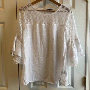 White Boho Crinkle Gauzy and Lace Ruffle Bell Sleeve Top Size Large
